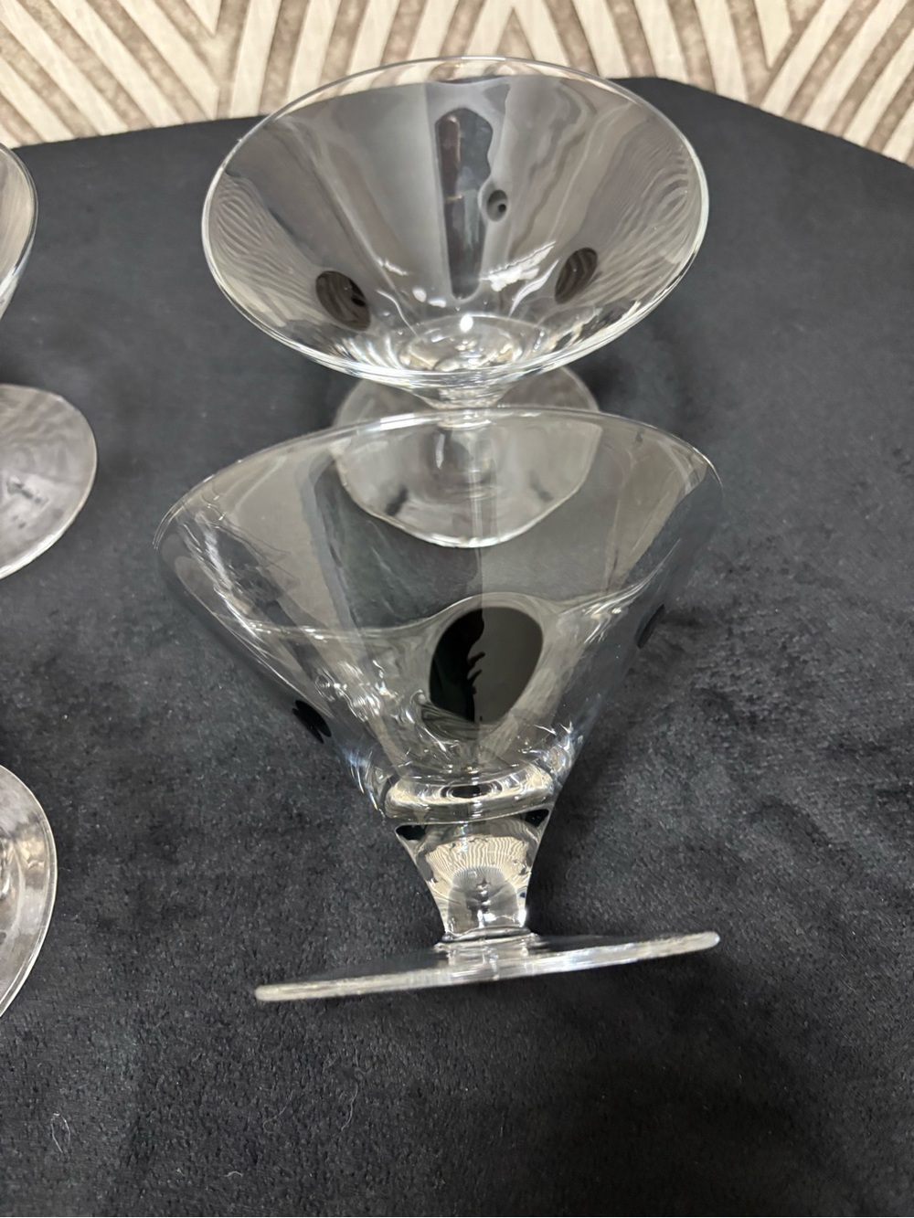 Set of four vintage retro art deco Mcm Margarita glasses with black polka dots